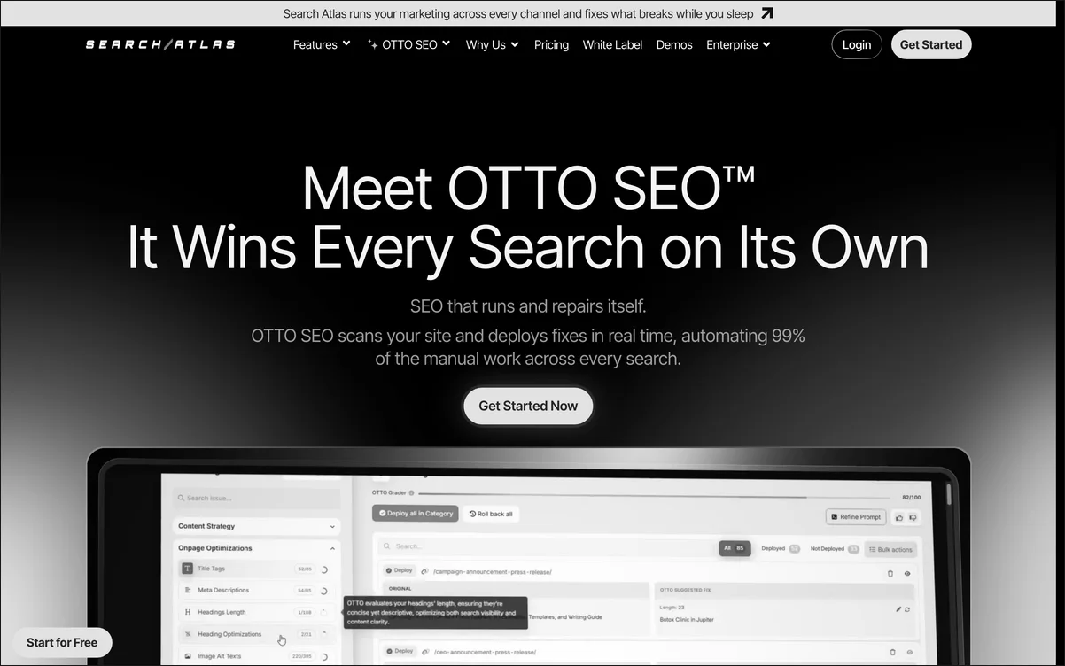 Otto SEO dashboard showing the OTTO agent executing technical fixes alongside limited LLM visibility tracking