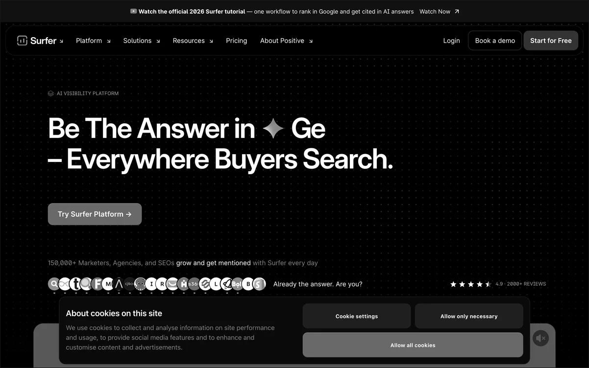 Surfer homepage showing the Content Editor score panel and AI Tracker navigation