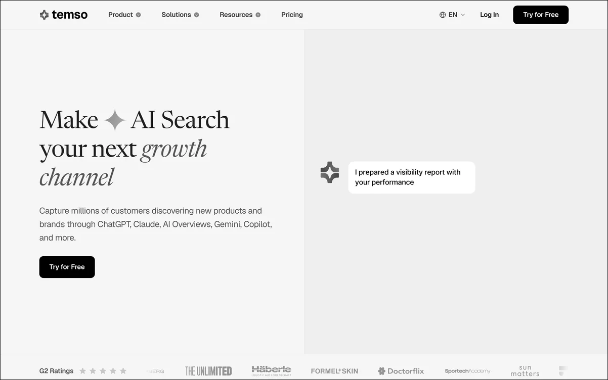 The Temso homepage showing AI visibility tracking across ChatGPT, Perplexity, Google AI Overviews, Gemini, and Copilot